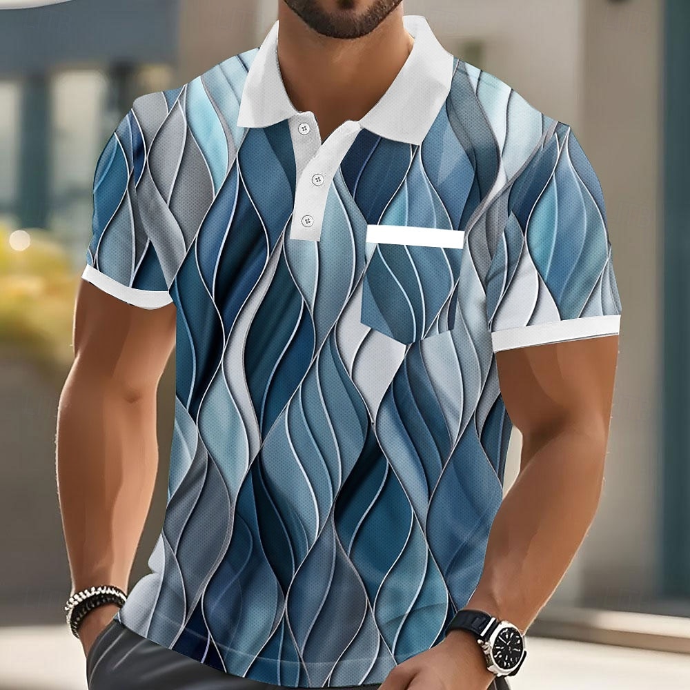 Men's Geometric Line Polo Short Sleeve Polo Shirts Collared Shirts Business Casual Outdoor Athleisure Daily Wear Pocket 3D Print Buttons Summer Blue Red Purple 2026 - $21.99 –P1