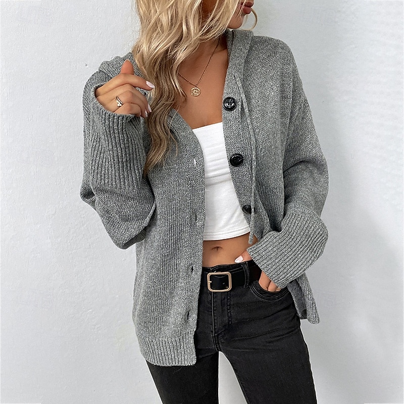 Damen Strickjacke Mode Weich Einfarbig Gerippt Mit Kapuze Knöpfe Gestrickt Langarm Normale Oberteile Stricken Ferien Ausgehen Wochenende Schwarz Weiß Herbst 2025 - $25.99 –P1