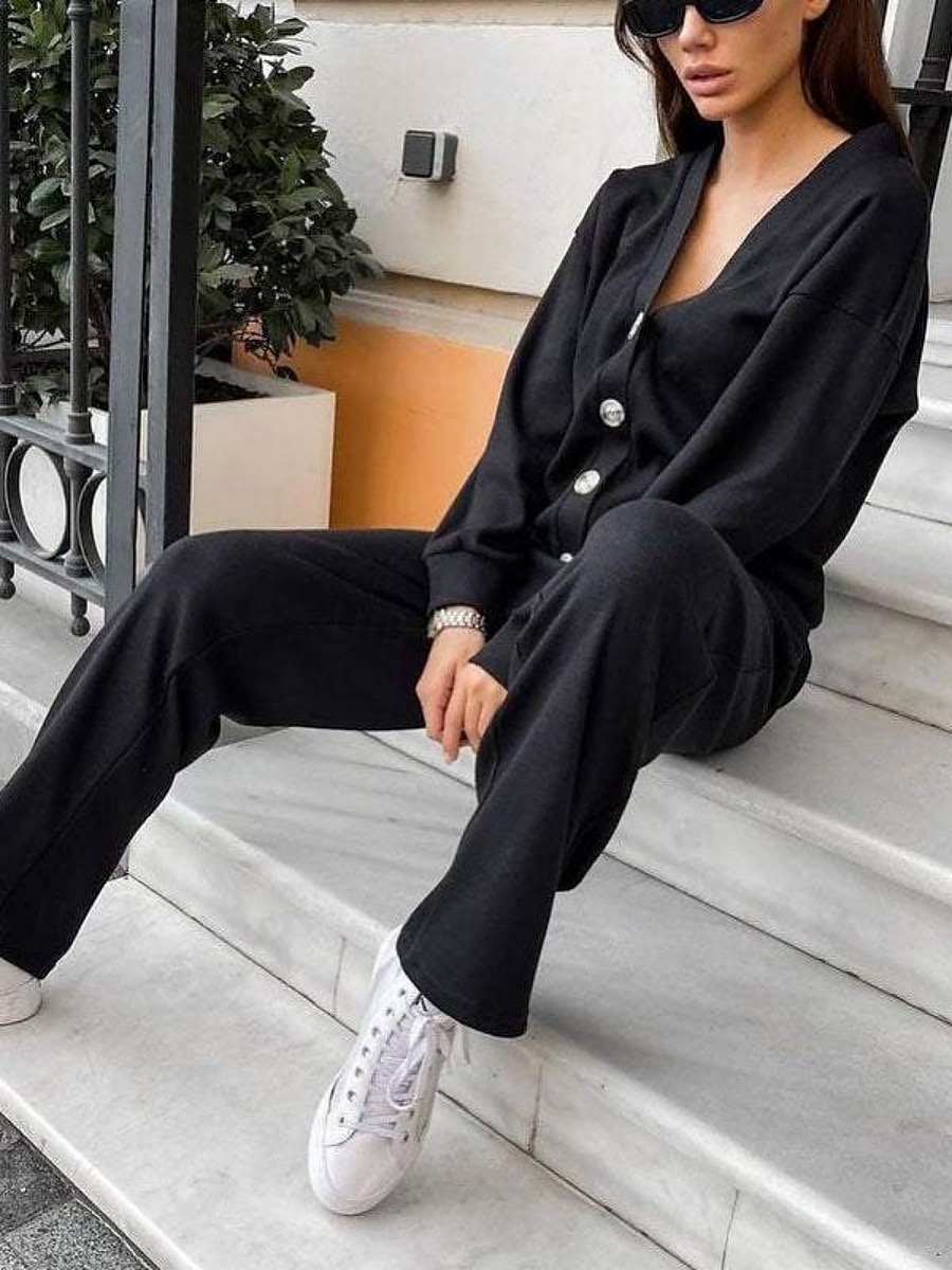Women's Fashion Streetwear Daily Pants Sets Long Sleeve V Neck Plain Casual Daily Black Army Green Blue Fall Regular Fit 2025 - $34.99 –P6