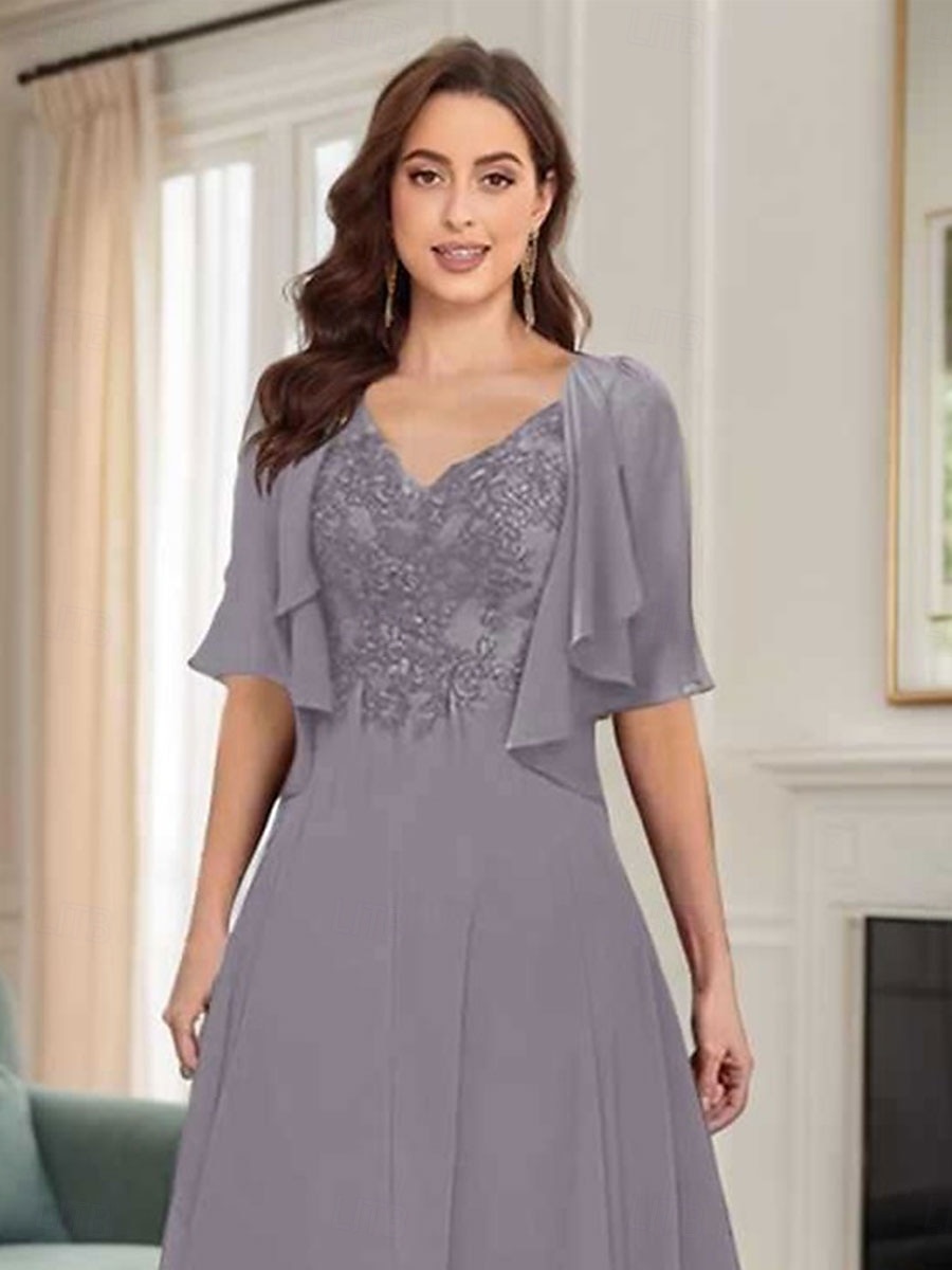 Ligne A Robe de Mère de Mariée  Élégant Simple Col en V Asymétrique Polyester Demi Manches avec Couleur Unie 2025 de 2025 ? $129.99 –P3
