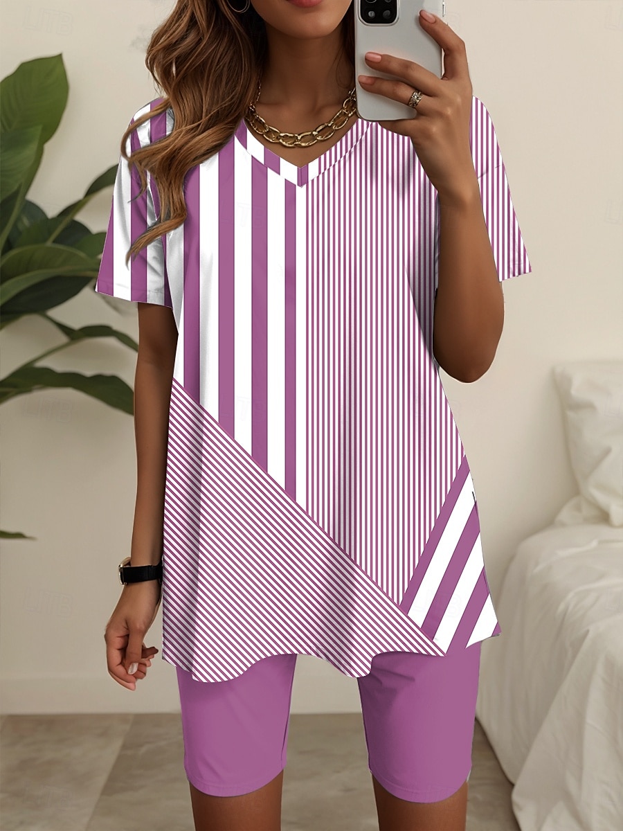 Femmes Mode T-shirt Ensembles de Shorts Manche Courte Col en V Graphique Rayé Imprimé Décontracté Quotidien Bleu Violet Vert Été Coupe Ample de 2025 ? $29.99 –P3