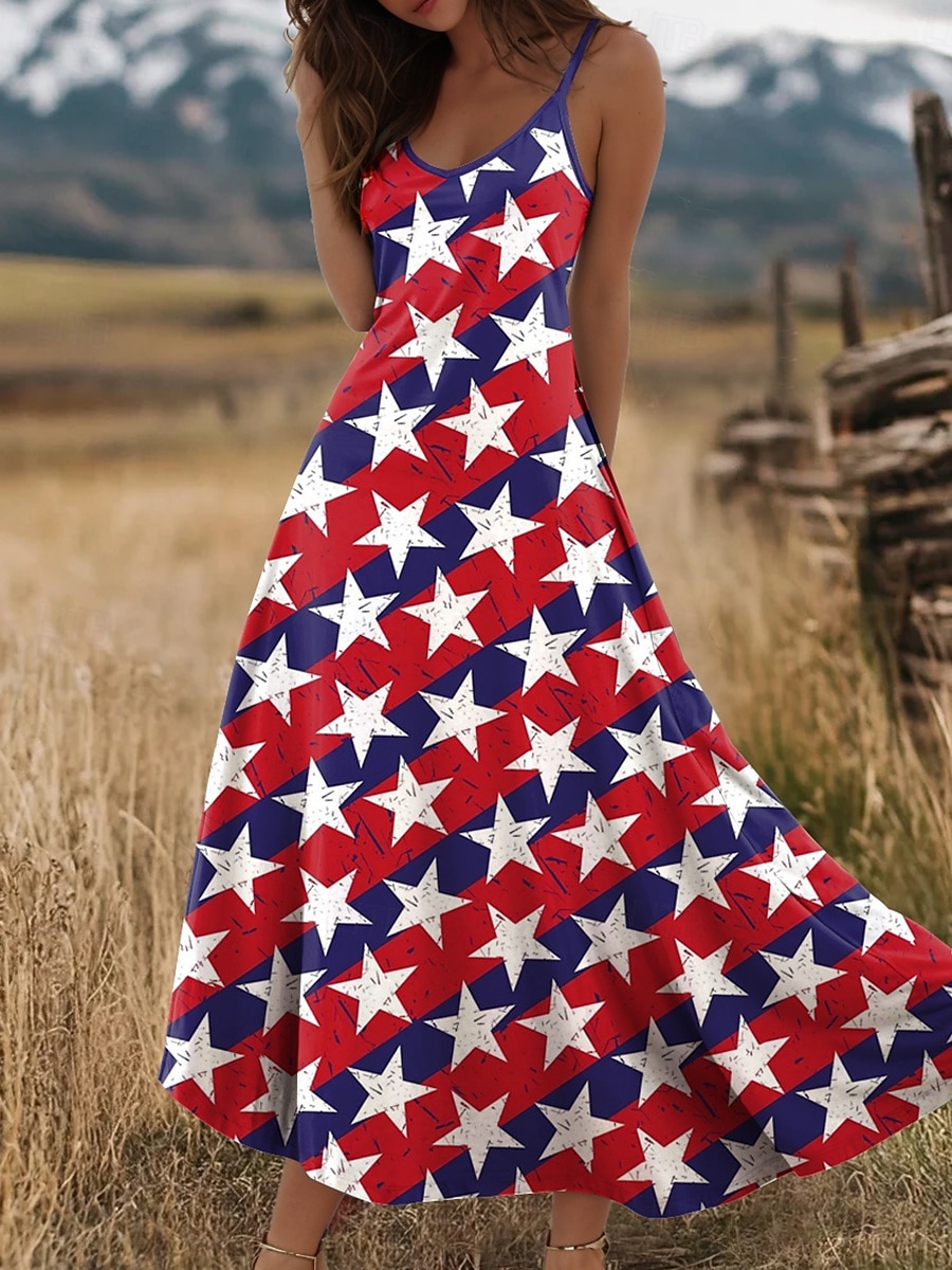 Women's Patriotic Maxi Dress A Line Dress Slip Dress Vacation Casual Daily Holiday Regular Fit Graphic American Flag Sleeveless V Neck Spaghetti Strap 2025 - $27.99 –P5