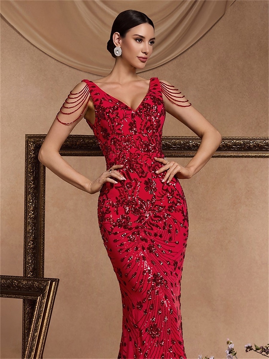 Vestidos de quinceañera de sirena/trumpet vestido elegante boda invitada de boda larga sin mangas con cuello de pico poliéster sin espalda con lentejuelas 2025 - $109.99 –P2