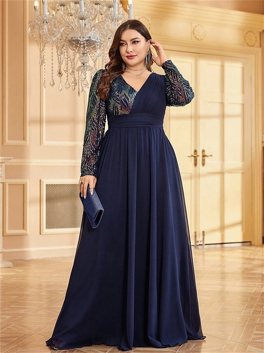 A-Line Plus Size Dresses Elegant Curve Dress Formal Wedding Floor Length Long Sleeve V Neck Chiffon with Sequin 2025 - $119.99 –P4