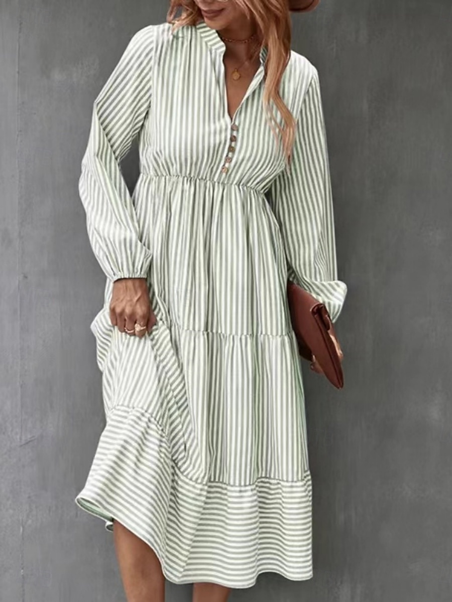 Pentru femei Rochii Midi Rochie A line Casual Zilnic Potrivire Largă Dungi Manșon Lung În V Negru Albastru piscină Trifoi Primăvară Toamnă 2025 - $39.99 –P7