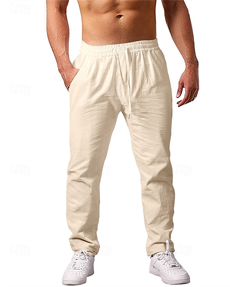 Herr Linne Byxor Långbyxor Sommarbyxor Strandbyxor Ficka Snörning Elastisk midja Slät Komfort Andningsfunktion Semester Dagligen Helgdag Hawaiisk Boho Beige 2025 - $26.99 –P5
