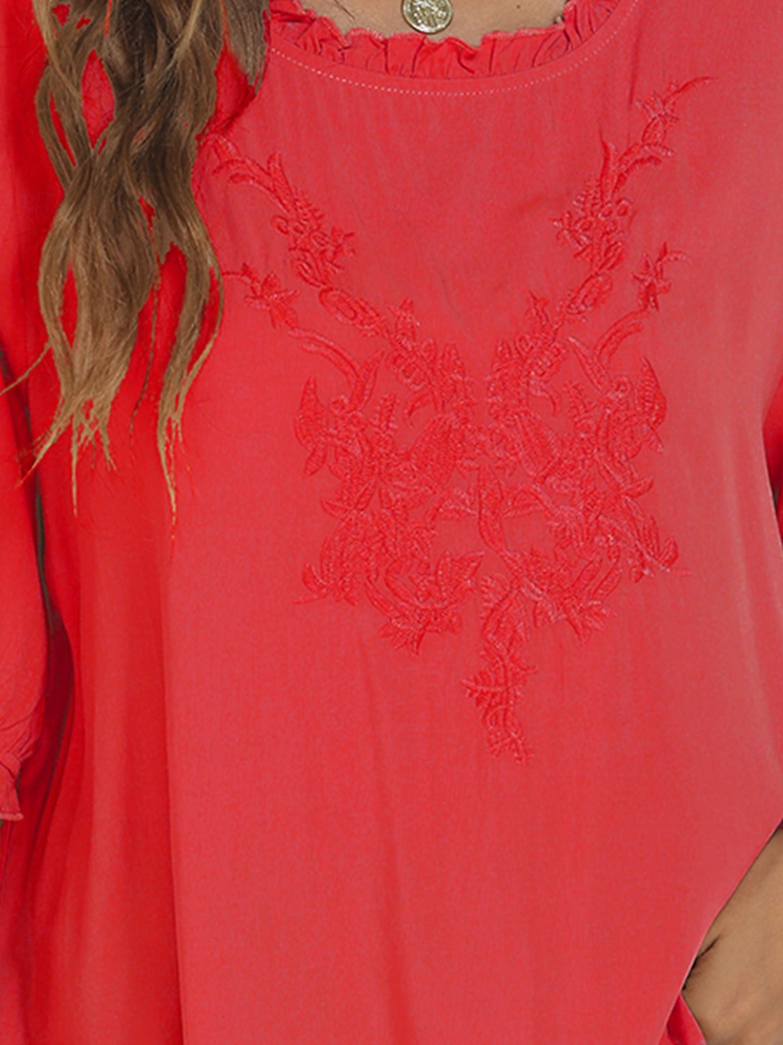 Damen Hemd Einfarbig Blumen Lässig Boho Dreiviertelarm Ellbogenärmel Rundhalsausschnitt Normale Oberteile Täglich Ausgehen Rüsche Bestickt Schwarz Weiß Rote Khaki Sommer 2025 - $24.99 –P15