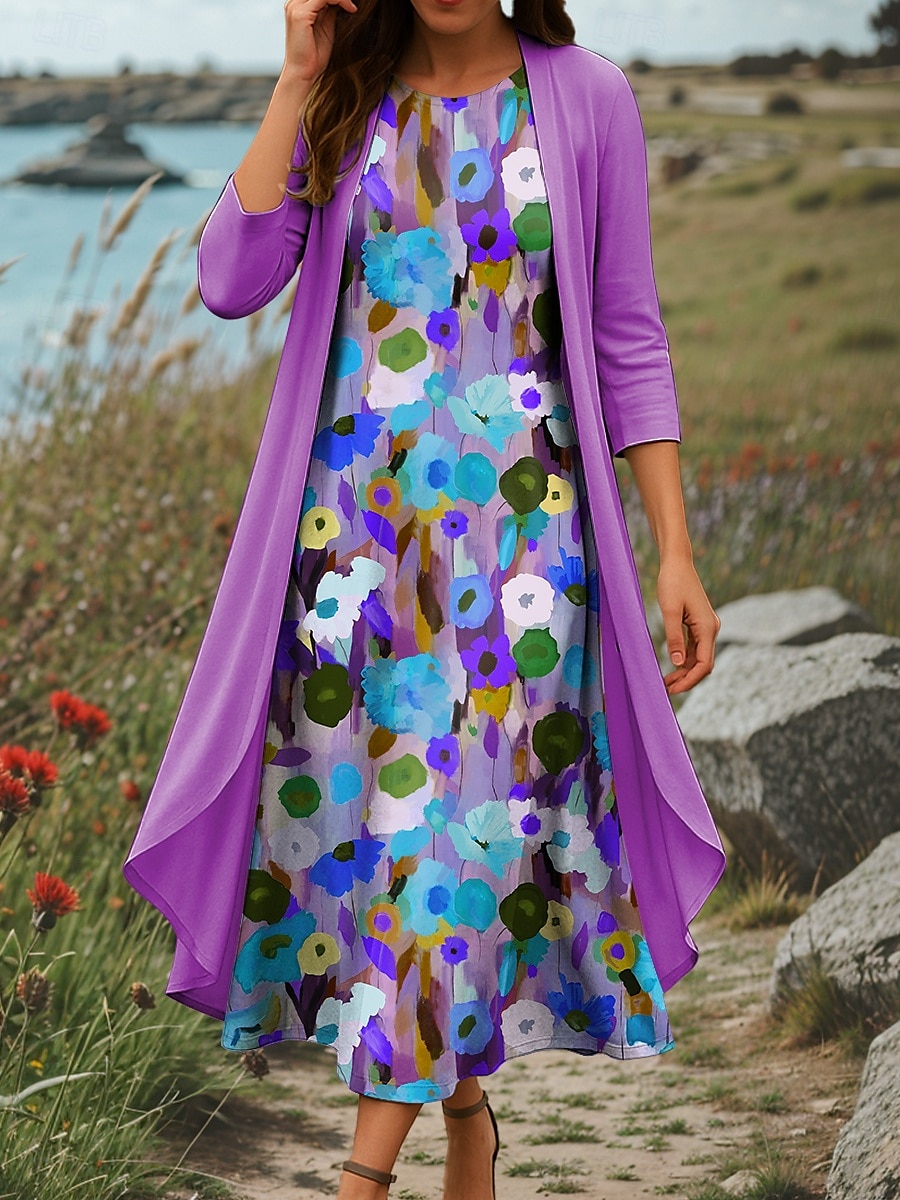Dame Kjolesett Skiftkjole Sommerkjole Fritid Nyanse Blomstret Multi Layer Trykt mønster Midikjole 3/4 ermer Crew-hals Daglig Blå Lilla Grønn Sommer Vår Normal 2025 - $36.99 –P3