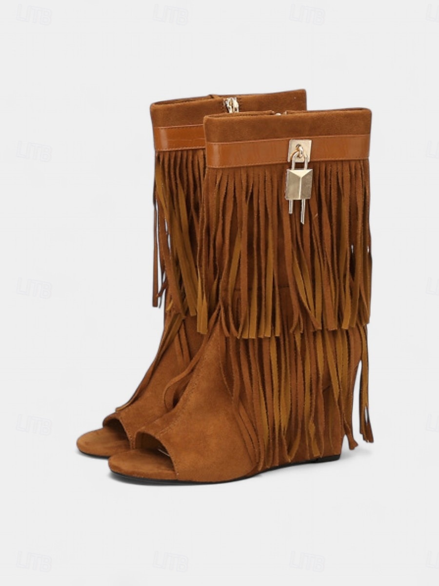 Botas de cuña con punta abierta de ante con flecos para mujer, con cremallera y detalle de candado: estilo bohemio para festivales, conciertos de música y eventos al aire libre. 2025 - $46.99 –P4