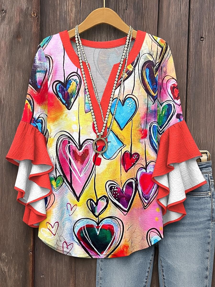 Women's Blouse Heart Graphic Bohemia Vintage Daily 3/4 Length Sleeve V Neck Regular Tops Daily Holiday Print Red Blue Purple Green Summer Spring Fall 2025 - $29.99 –P1