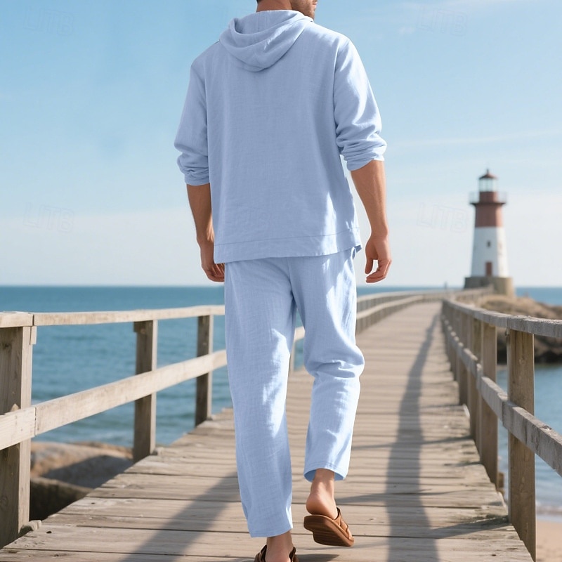 Men's T-shirt Suits Shirt and Pant Sets 2 Pieces Outfits Long Sleeve Hooded Summer Spring Solid Color Fashion Casual Buttons 2 Piece Vacation Daily Wear Going out Black White Yellow Top Tee for Men 2025 - $45.99 –P14