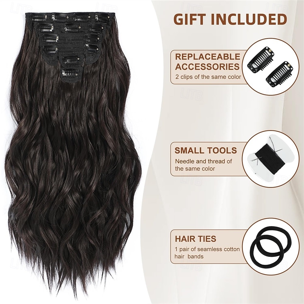clip in haarverlengingen 6 stuks natuurlijk &zacht haar &goed te combineren met haarextensies donkerbruine lange golvende haarstukken 2025 - $26.99 –P3