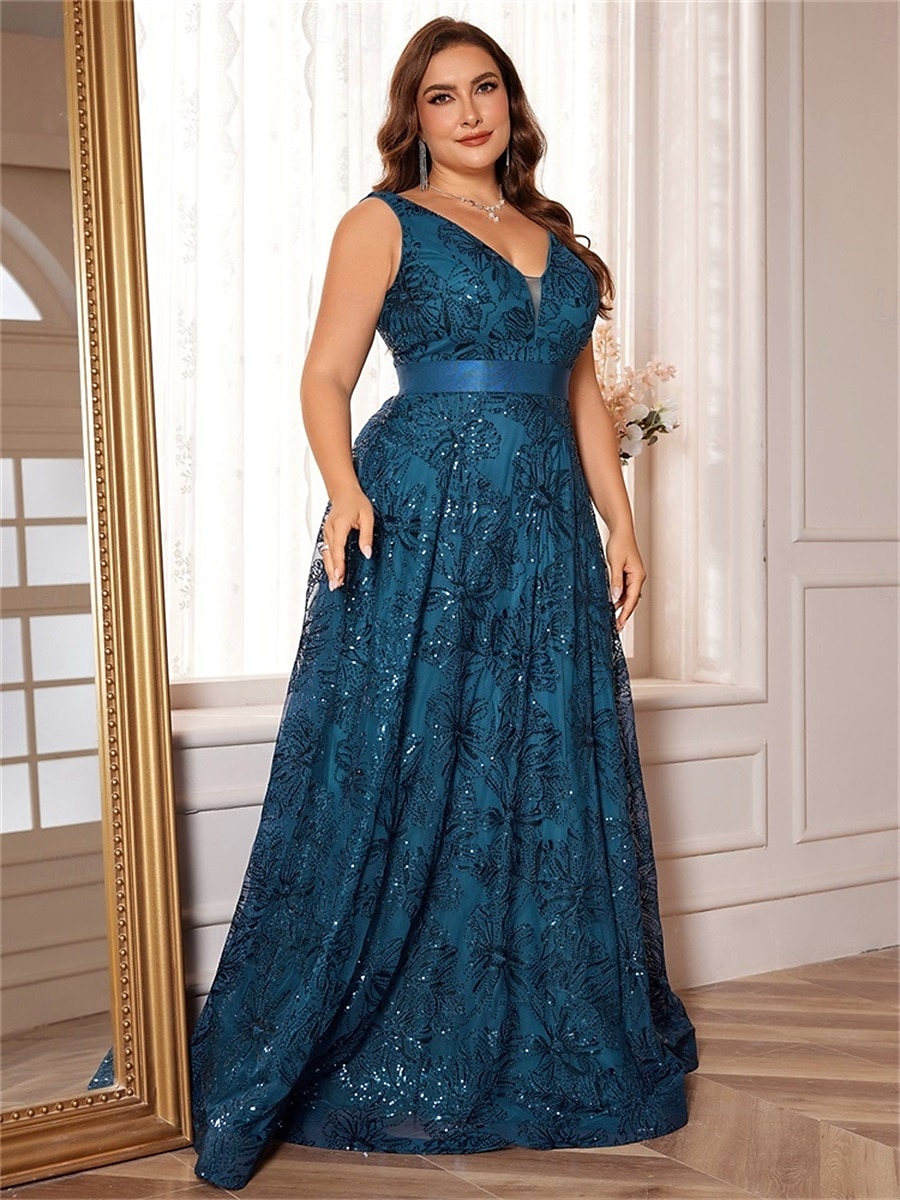 A-Linie Plus Size Kleider Elegantes Kurvenkleid Formelles Hochzeitskleid Bodenlang Ärmellos V-Ausschnitt Spitze mit Pailletten 2025 2025 - $109.99 –P7