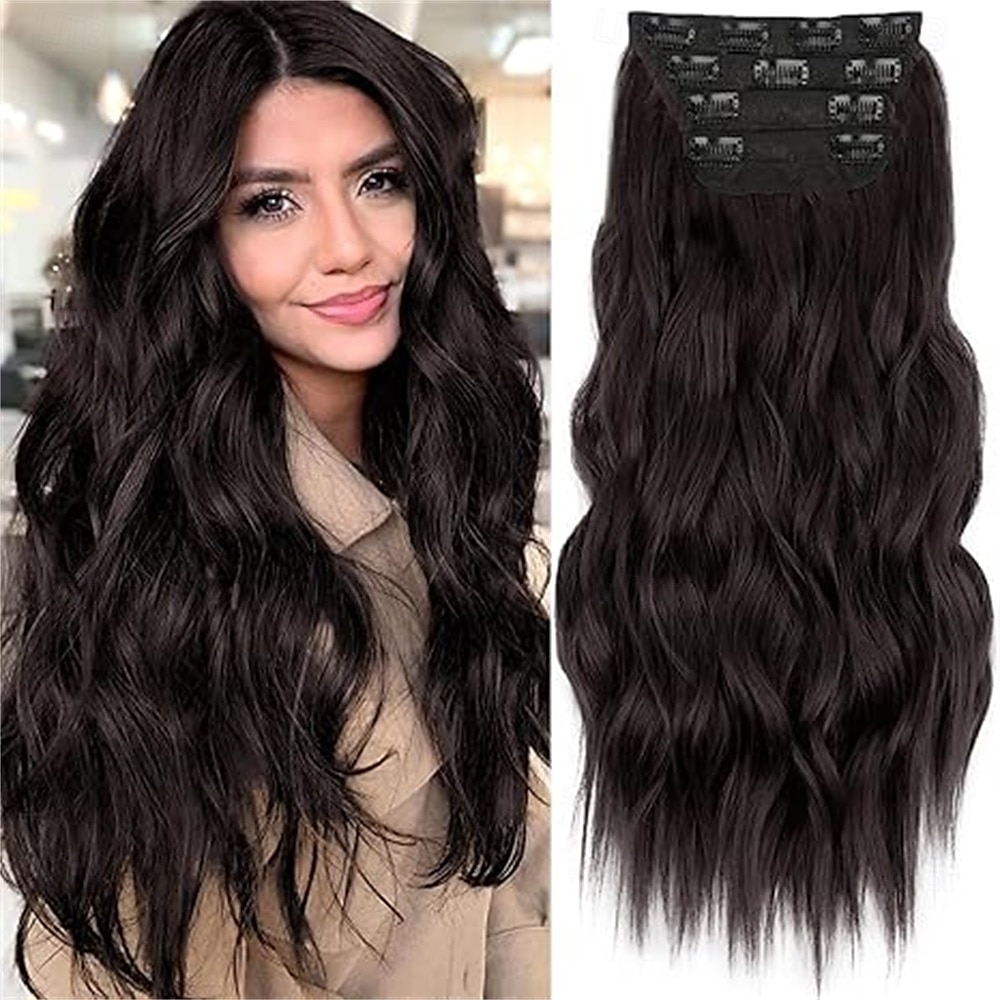 Clip-in-Haarverlängerungen, 4 Stück, lang, gewellt, synthetisch, dunkelschwarz, braun, Faser, doppelter Schuss, natürlich, dick, 24 Zoll, für Frauen 2025 - $26.99 –P5