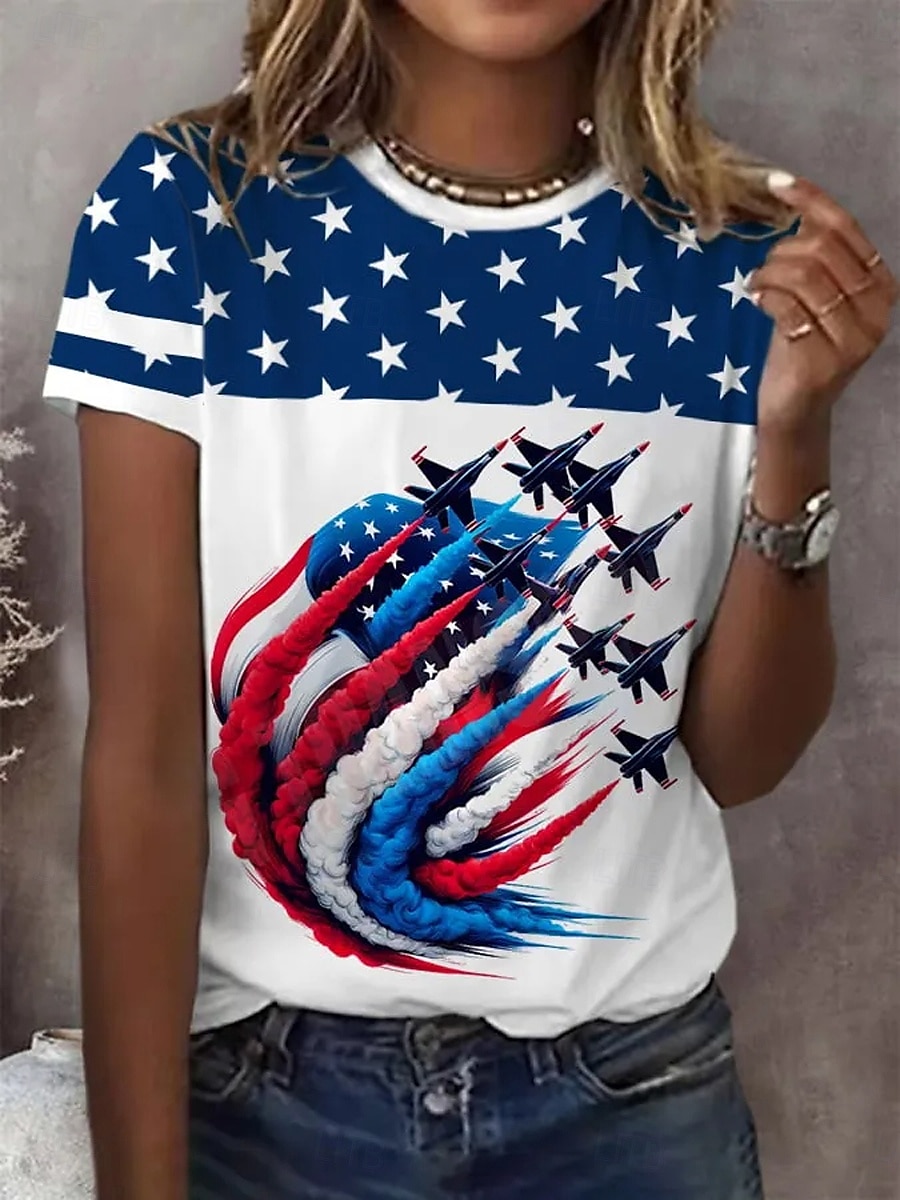Independence Day Women's Patriotic Fourth of July T Shirt Graphic Flag Vintage Stylish Casual Short Sleeve Crew Neck Round Neck Regular Tops Daily Print Navy Blue Blue Summer Spring 2025 - $19.99 –P1