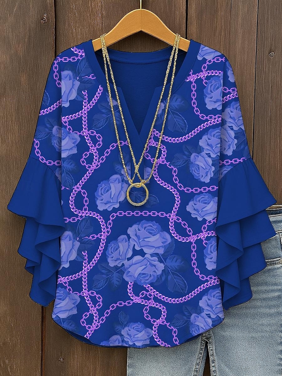 Dame Bluse Blomstret Grafisk Elegant Daglig Fritid 3/4 ermer V-hals Vanlige topper Daglig Ferie Trykt mønster Gul Rød Blå Lilla Grønn Sommer Vår Høst 2025 - $29.99 –P4
