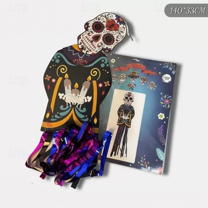 2025年 3.6フィートのハロウィンシュガースカル吊り下げ装飾、メキシカンパーティーポーチ吊り下げ、メタリックホイルフリンジ付き、メキシカンフィエスタハロウィン、死者の日、庭、ツリー、祭壇、家庭用、屋内、屋外用  コレクション – $4.49 –P8