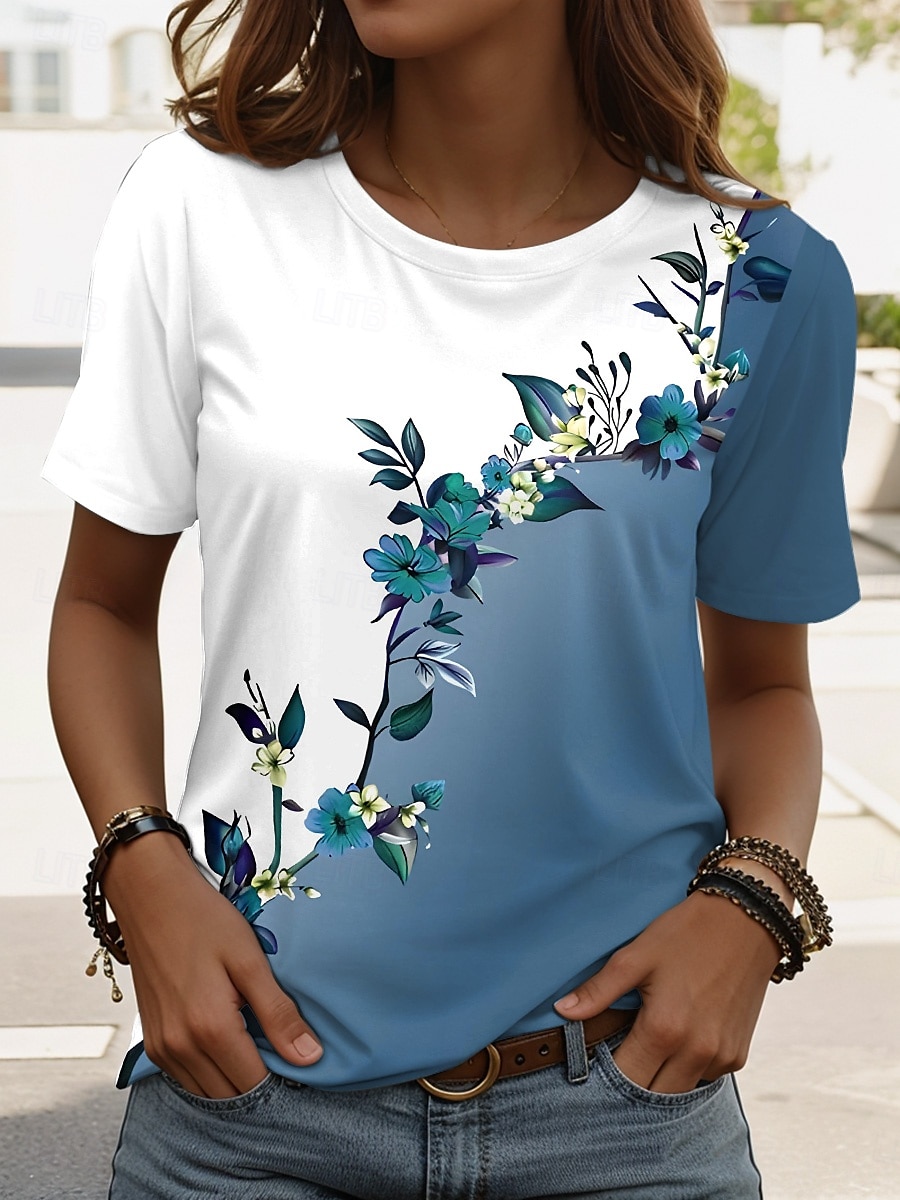Dame T skjorte Blomstret Grafisk Planter Årgang Stilfull Klassisk Kortermet Crew-hals Vanlige topper Daglig Trykt mønster Rød Blå Lilla Grønn Sommer Vår 2025 - $19.99 –P3