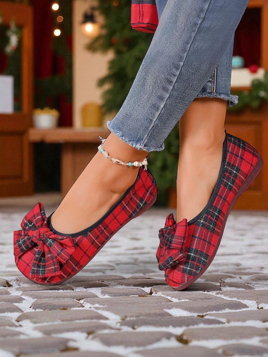 Ballerinas mit roter Schottenkaro-Schleife für Damen – Festtags-Ballerinas für Weihnachtsfeiern, Teepartys im Garten und gemütliche Abende 2025 - $19.99 –P6