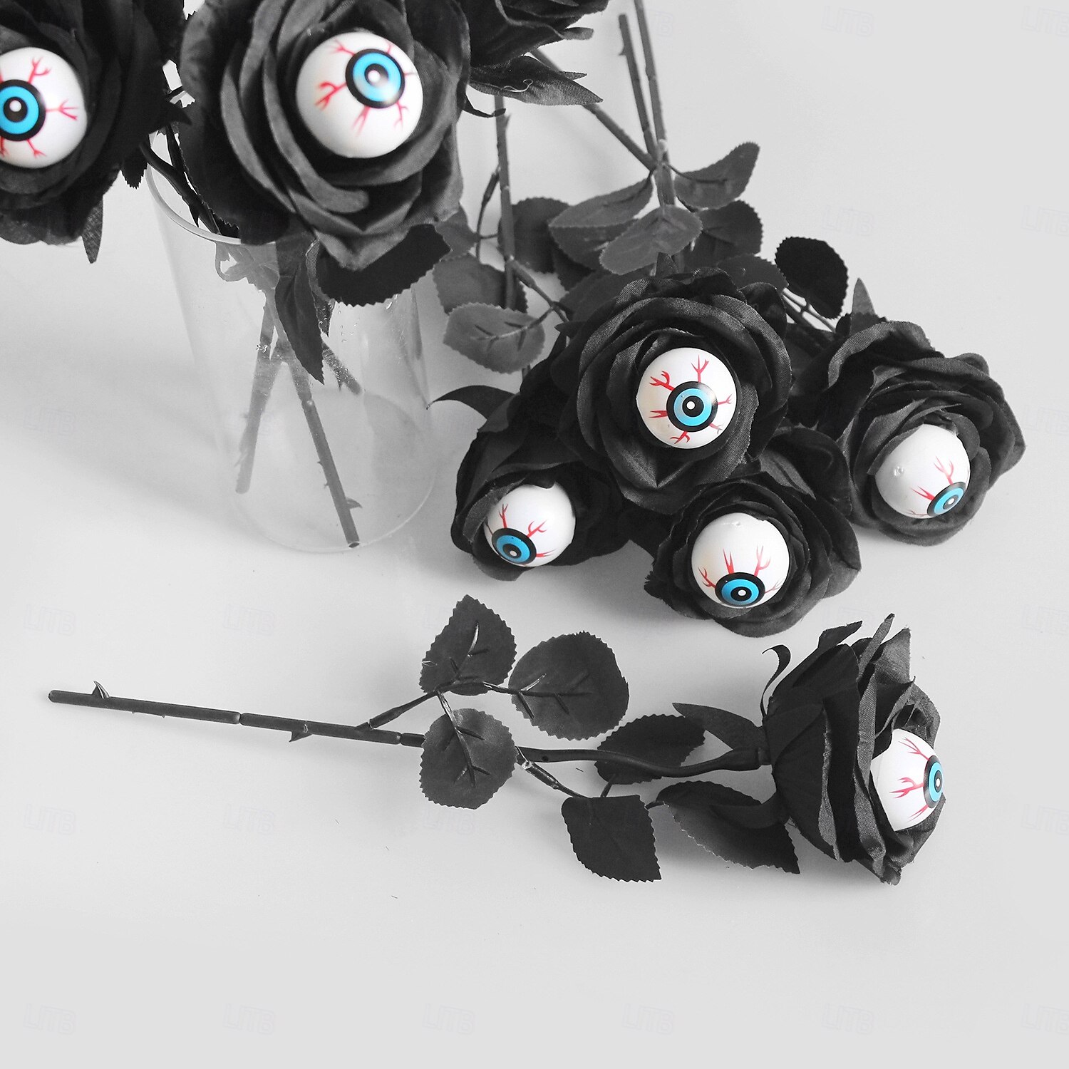 10 mazzi di rose artificiali a forma di bulbo oculare per Halloween, steli di rose nere con bulbi oculari, steli floreali multicolori per Halloween per decorazioni da tavola per feste spettrali. del 2025 a $22.99 –P5