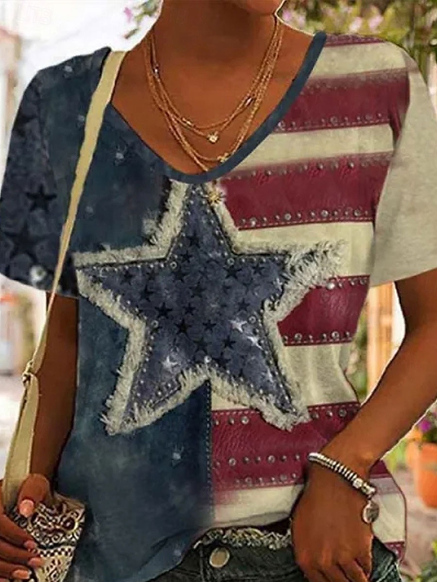 Tricou patriotic pentru femei grafică inimă steag elegant casual cu mânecă scurtă gât în V bluze obișnuite zilnic print albastru mov bronz verde vară primăvară 2025 - $19.99 –P3