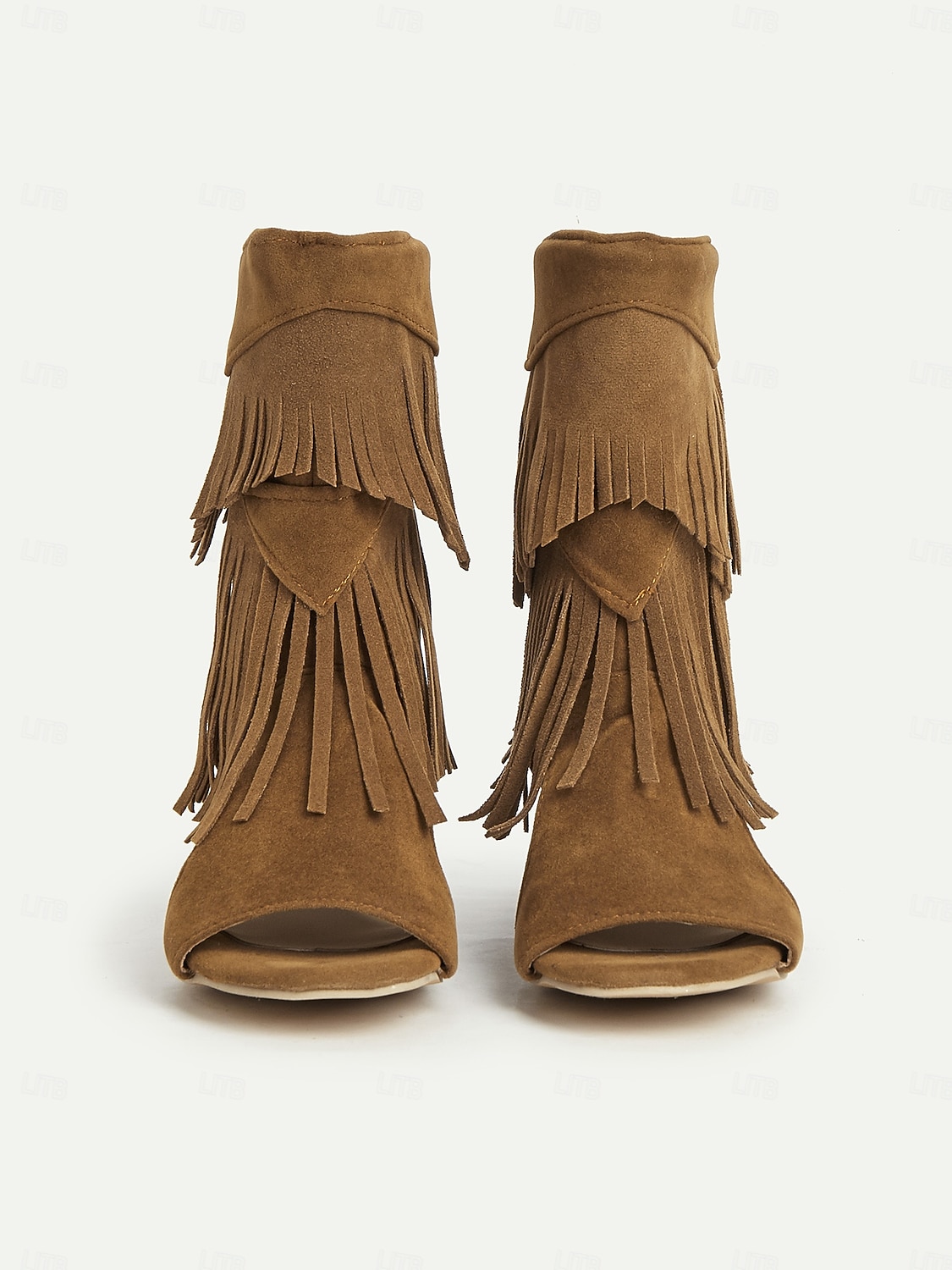 Bruna damsandaler med mockafransar och blockklack – bohemiska stövlar med öppen tå i västerländsk stil för musikfestivaler, sommarkläder och vardagskläder 2026 - $46.99 –P3