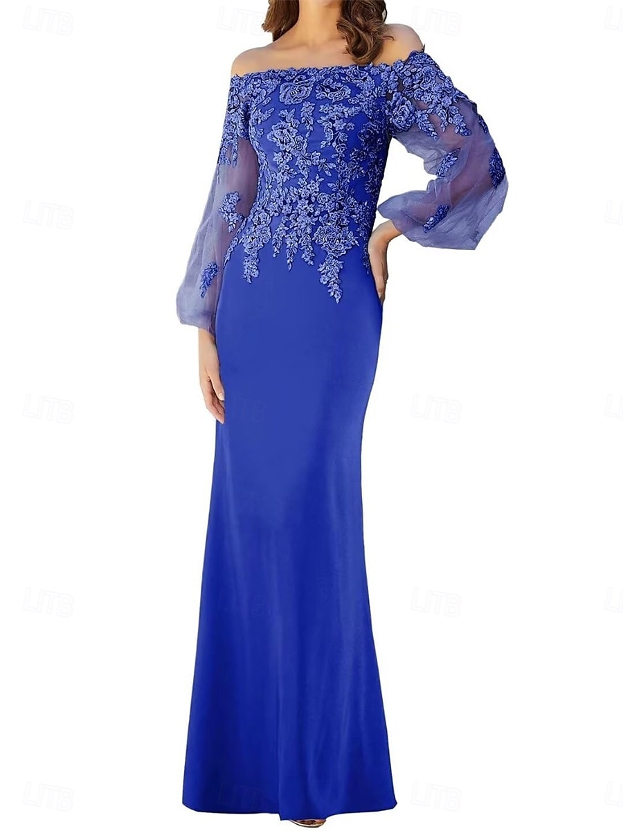 Meerjungfrau Trompeten Brautmutter Kleid Elegantes Off-Shoulder Bodenlang Spitze Lange Ärmel mit einfarbigem Material 2025 - $119.99 –P5