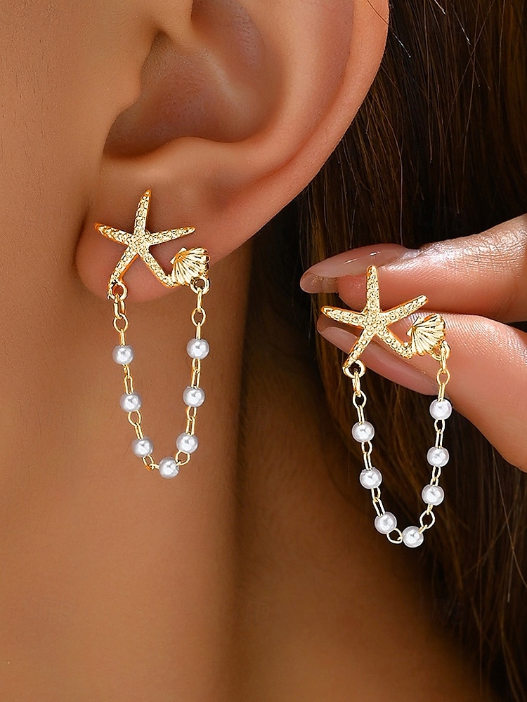 Women's Starfish Pearl Chain Drop Earrings – Beach-Inspired Summer Jewelry, Elegant Nautical Style for Parties, Vacations & Daily Wear 2025 - $9.99 –P3