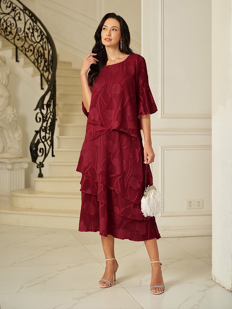 Dame الالتفاف Elegant Midi Medium Midje Skjørt Blomster Multi Layer Uelastisk Fest Avslappet Vin Sommer Chiffon 2025 - $59.99 –P1