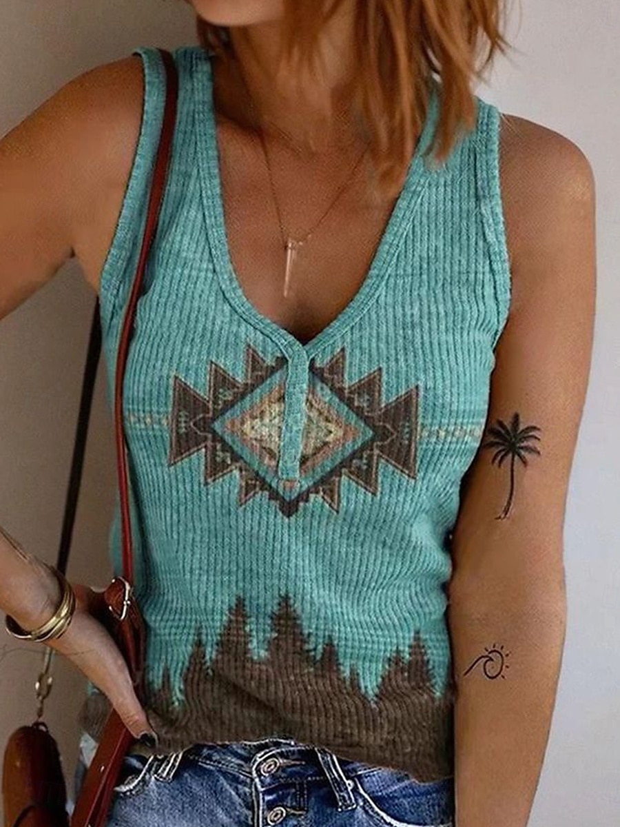 Dame Camisole Tank Top Grafisk Geometrisk Bohem Årgang Stilfull Ermeløs Ermeløs V-hals Crop Tops Daglig Trykt mønster Blå Brun Kakifarget Sommer Vår 2025 - $17.99 –P3
