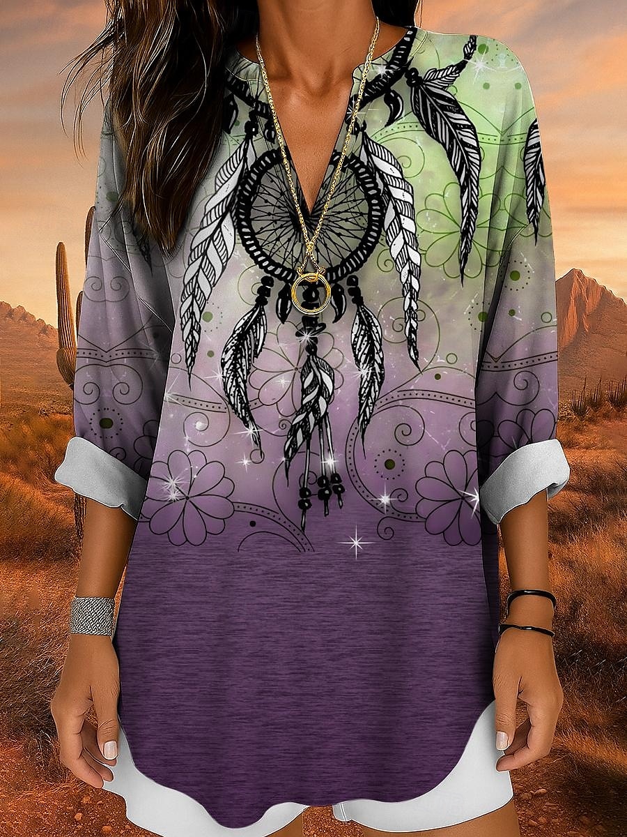 Damenbluse Langarm Tunika Tops Graphic Bohemia Vintage Tropical V-Ausschnitt Reguläre Tops Tägliche Urlaub Strandbekleidung Druck Blau Lila Braun Grün Sommer Frühling 2025 - $24.99 –P5