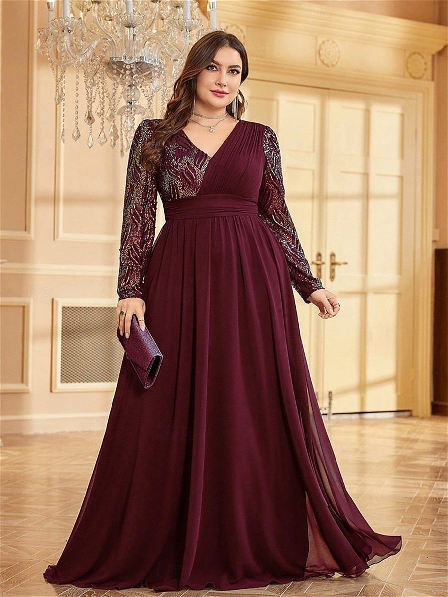 A-Line Plus Size Dresses Elegant Curve Dress Formal Wedding Floor Length Long Sleeve V Neck Chiffon with Sequin 2025 - $119.99 –P27