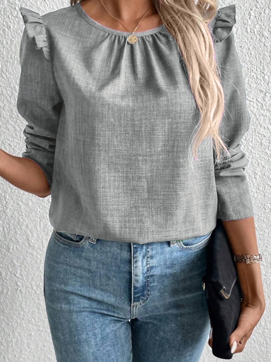 Dame T skjorte عادي Mote Moderne Fritid Langermet Crew-hals Vanlige topper Daglig Helg Drapering Knapper Svart Navyblå Kakifarget Grå Sommer 2025 - $25.99 –P3