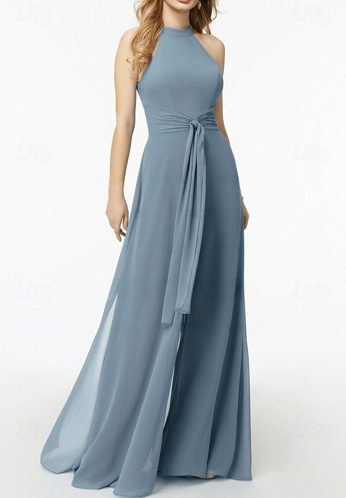 Jumpsuits Robes invitée de mariage Robe élégante invitée de mariage engagement longueur de sol sans manches col halter chiffon avec poche bretelles de 2025 ? $154.99 –P1