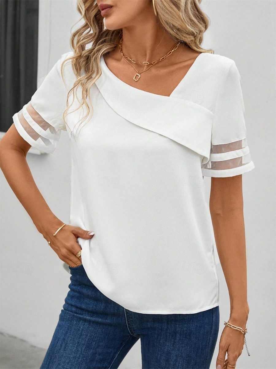 Dame Bluse Helfarge Stilfull Moderne Fritid Kortermet V-hals Vanlige topper Daglig Netting Lapper Hvit Sommer Vår 2025 - $19.99 –P3