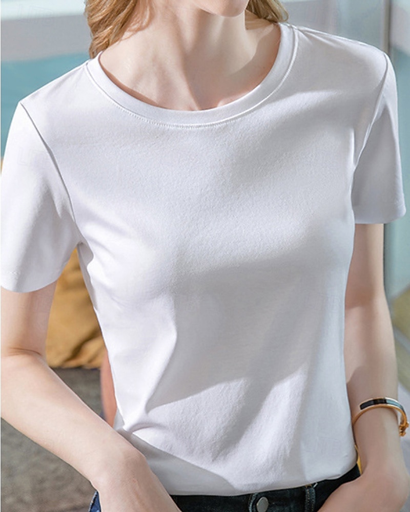 Per donna Maglietta Semplice Essenziale Moderno Manica Corta Girocollo Top Regolari Quotidiano Weekend Nero Bianco Viola Arancione Estate del 2025 a $24.99 –P5