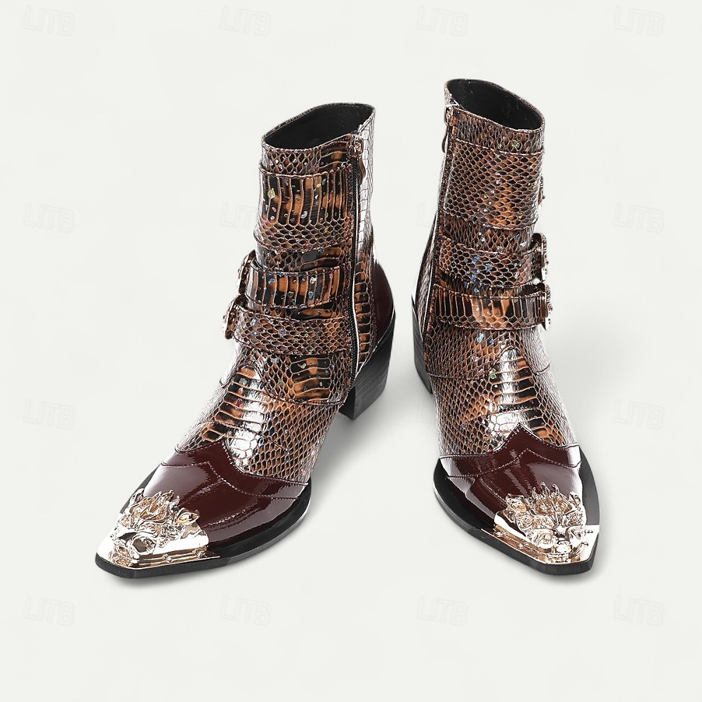 Botas de tobillo de cuero con patrón de cocodrilo marrón para hombres con hebillas de punta dorada calzado de inspiración occidental de moda para uso casual y al aire libre 2025 - $139.99 –P6
