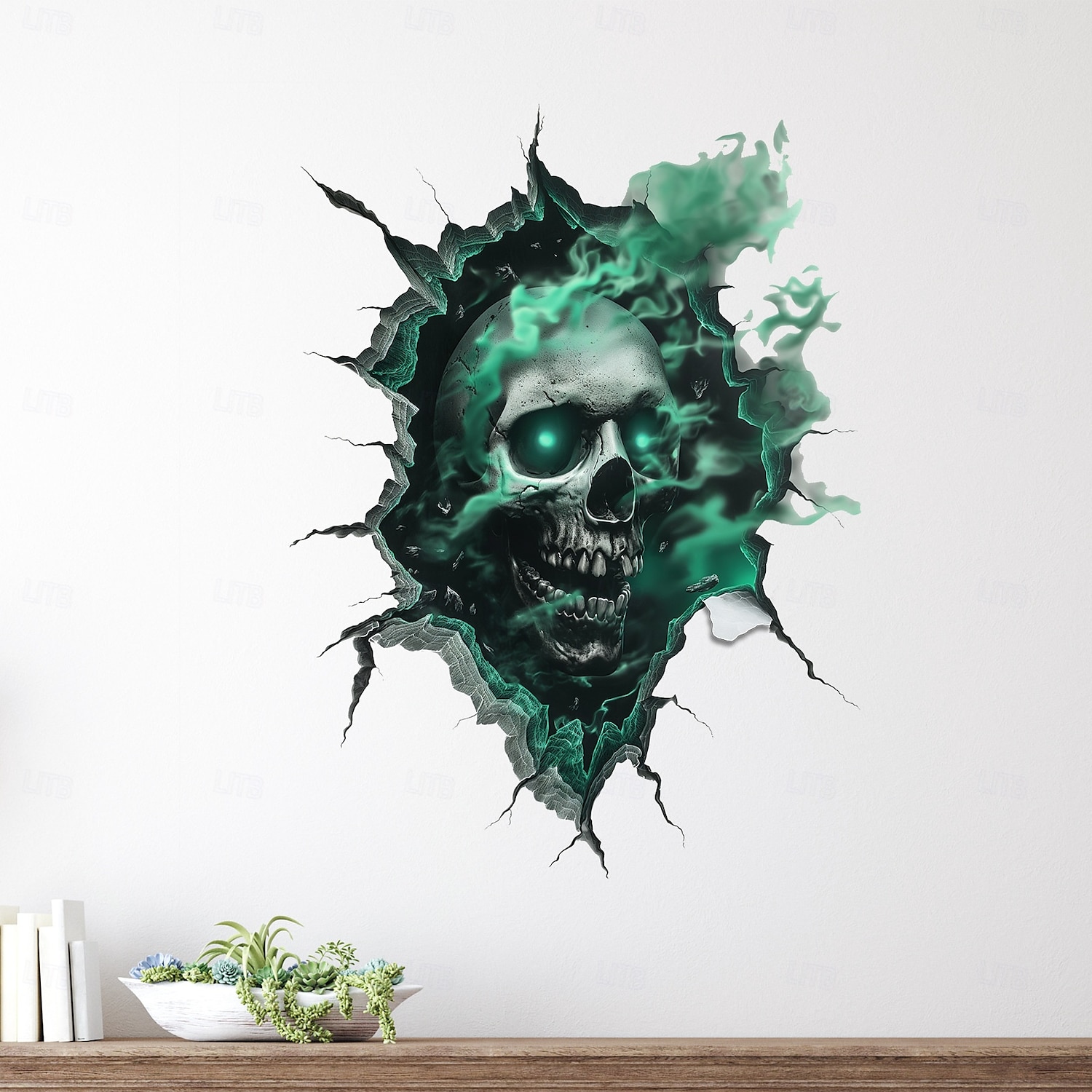 Halloweenská samolepka na zeď 3D lebka realistický děsivý průlomový design lebky, samolepicí bytová dekorace do obývacího pokoje sváteční atmosféra 2025 - $6.49 –P3