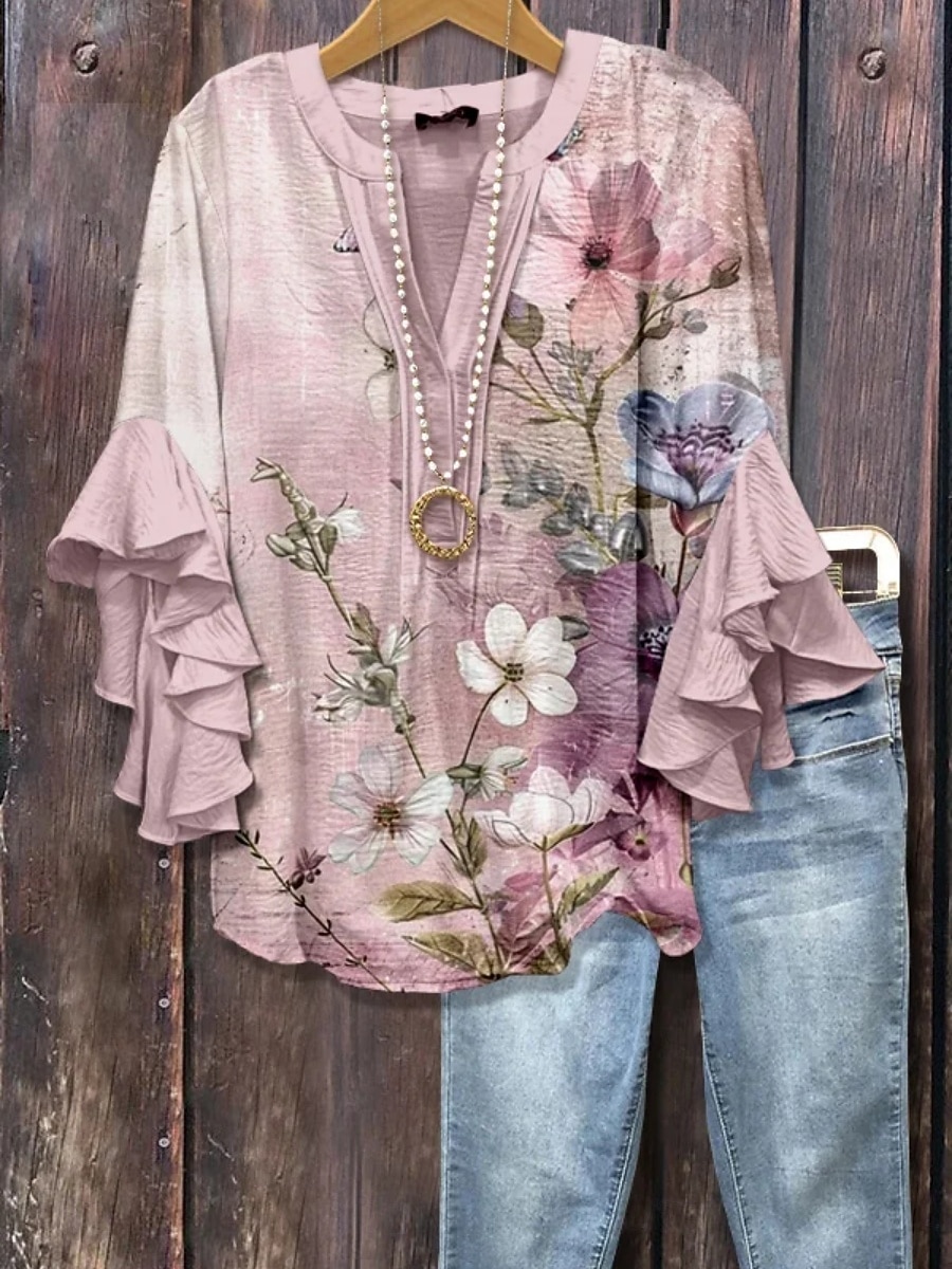 Women's Shirt Ruffle Print Floral Stylish Modern 3/4 Length Sleeve V Neck Regular Tops Daily Holiday Blue Light Green Pink Green Summer 2026 - $25.99 –P2