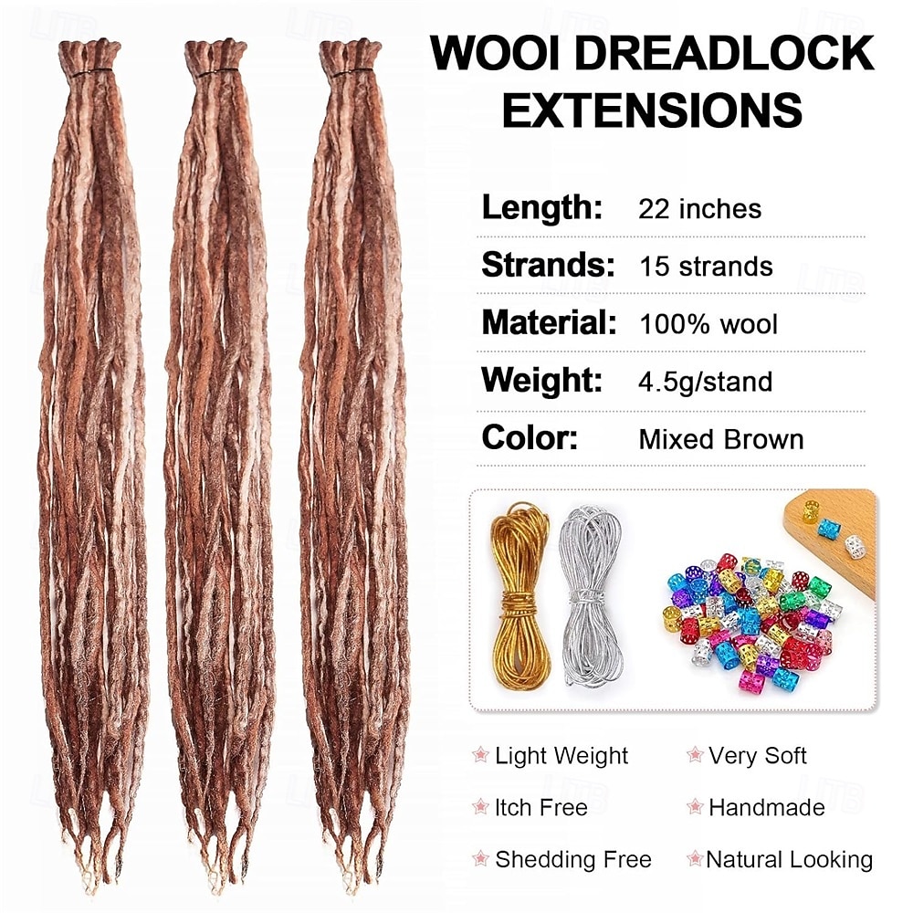 22 inch wollen dreadlock extensions met dubbele uiteinden, 15 strengen, gemengd bruin synthetisch, dun, zacht, nep, hippie-stijl dreadlock voor vrouwen 2025 - $36.99 –P2