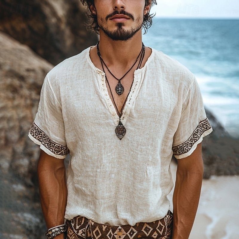 Per uomo Maglietta Maglia Henley Camicia a Maniche Corte Manica Corta Henley Estate Patchwork Ricamo Bohemien Vintage Casual Bottoni Vacanza Streetwear Casual Quotidiano Bianco Maglietta Top per Uomo del 2025 a $23.99 –P1