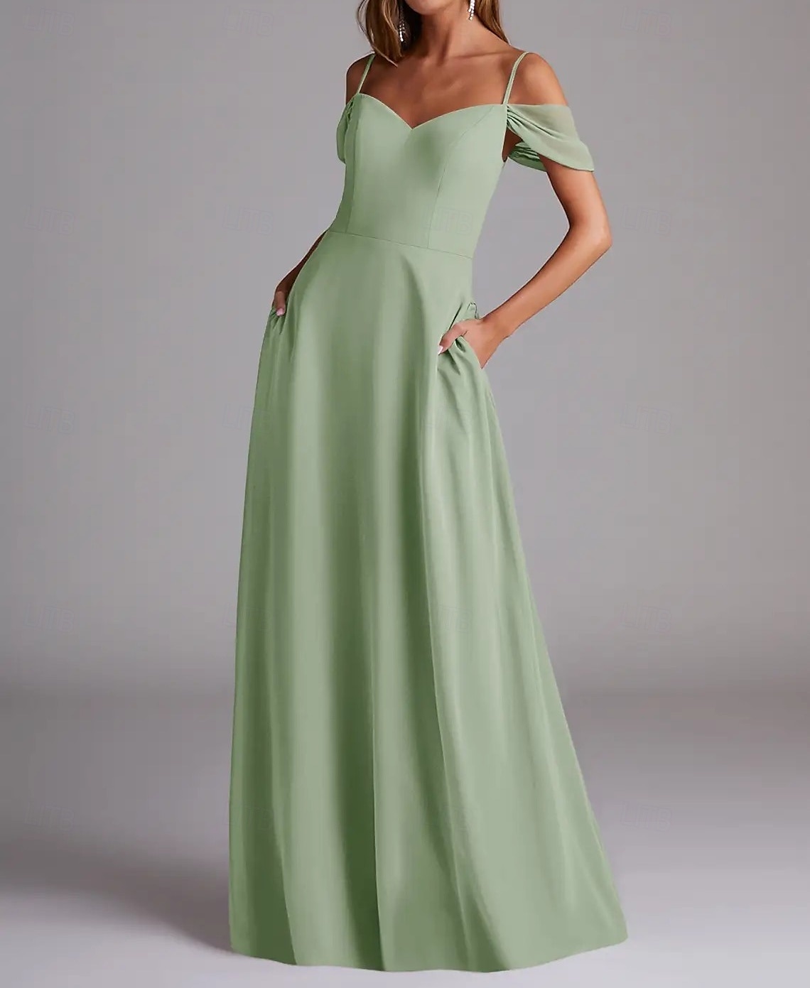 Vestido de Madrinha A-Line Alça Fina Manga Curta Elegante Comprimento Total Chiffon com Cor Sólida 2025 de 2025 por $138.99 –P3