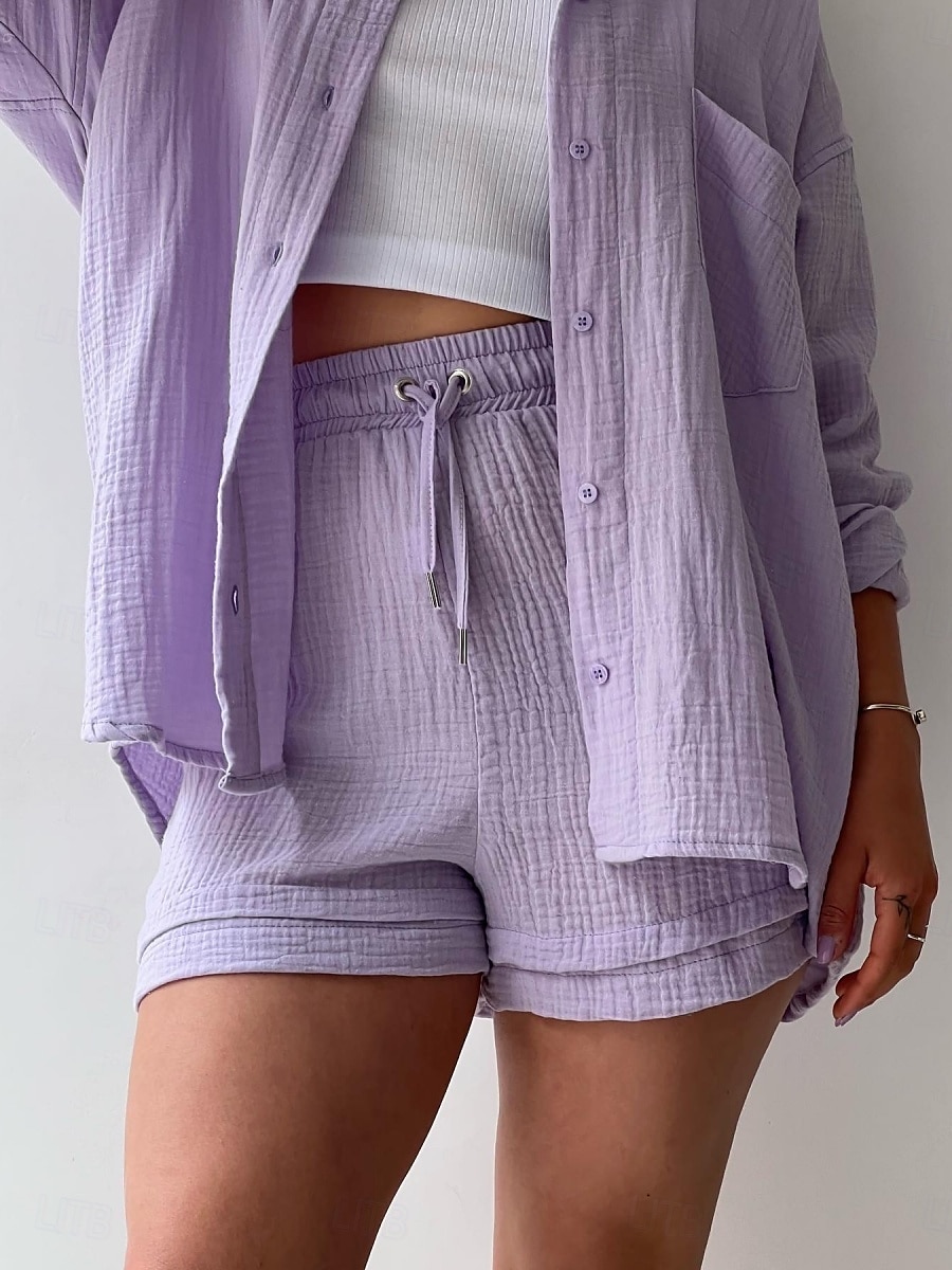 Dames Elegant Modieus Streetwear Katoenen linnen sets Lange mouw Overhemdkraag Effen Kleur Buiten Werk Casual Zwart Paars Oranje Zomer Ruim Passend 2025 - $26.99 –P9