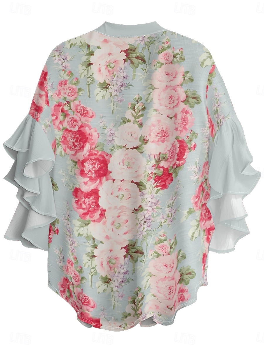 Γυναικεία Μπλούζα Φλοράλ Στυλάτο Μοντέρνα 3/4 Μήκος Μανικιού Λαιμόκοψη V Κανονικά μπλουζάκια Καθημερινά Αργίες Με Βολάν Στάμπα Μαύρο Θαλασσί Πράσινο του τριφυλλιού Σομόν Καλοκαίρι 2025 - $26.99 –P5