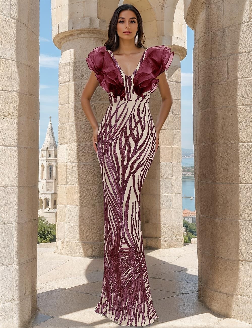 Black Tie Gold Pailletten Meerjungfrau  Trompeten Abendkleid Elegantes Kleid Formelle Hochzeit Bodenlange Ärmellos V-Ausschnitt Stretch-Satin mit Rüschen 2025 - $159.99 –P4