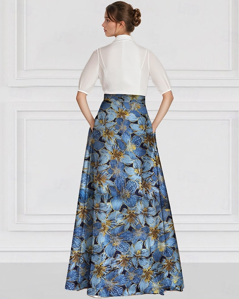 Jacquard brokátový květinový A-line večerní šaty elegantní šaty formální svatební host na zem dlouhé krátký rukáv košilový límec s kapsou 2025 - $142.99 –P4