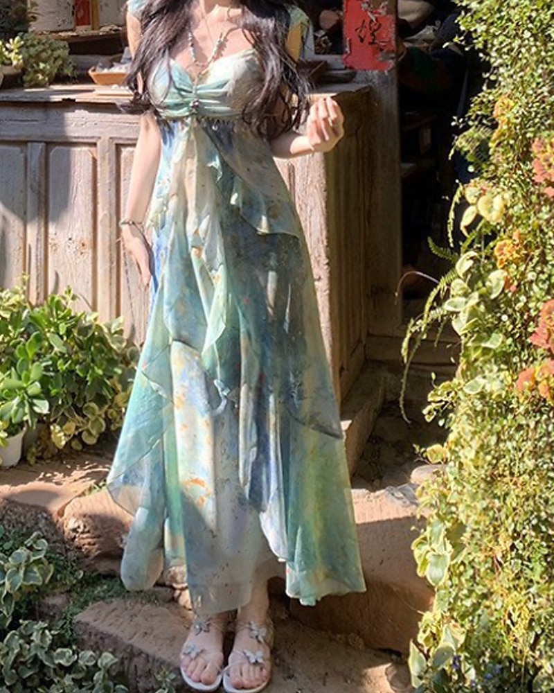 Dames Lange jurk maxi-jurk Jurk met print Modern Vakantie Feestdagen Teaparty Normale pasvorm Bloem Mouwloos V-hals Groen Zomer 2025 - $31.99 –P4