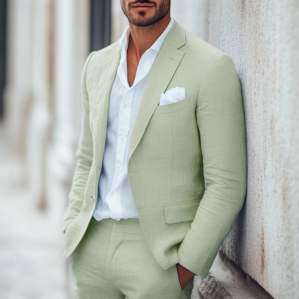 Uomo Matrimonio Affari Completi in Lino Rosa Verde salvia Leggero Casual Tinta unita Vestibilità aderente 2 pezzi Monopetto a un bottone del 2025 a $116.99 –P5