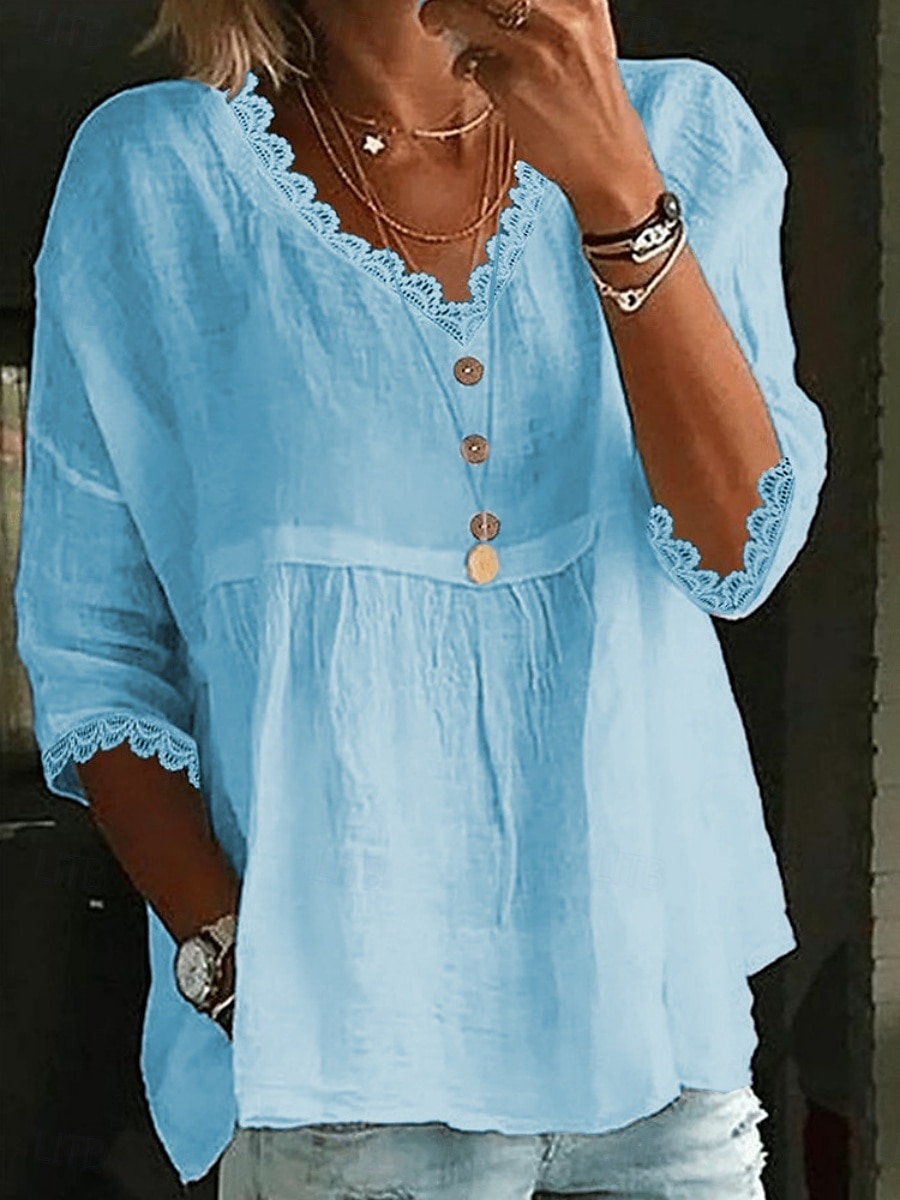 Women's Cotton Linen Shirts Solid Color Basic Casual 3/4 Length Sleeve V Neck Regular Tops Daily Lace Patchwork White Pink Sky Blue Summer 2025 - $19.99 –P1