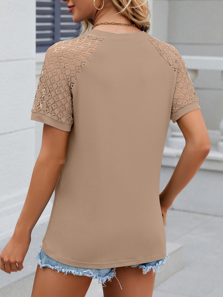 Damen T Shirt Einfach Mode Stilvoll Klassisch Kurzarm Rundhalsausschnitt Normale Oberteile Täglich Wochenende Patchwork Weiß Rosa Blau Khaki Sommer 2025 - $22.99 –P7